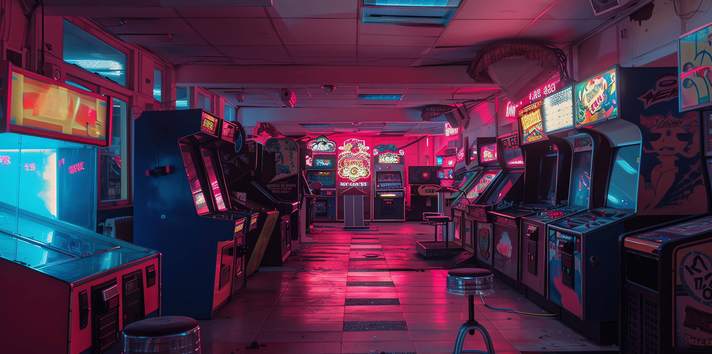 Dimly lit retro arcade room with neon glow