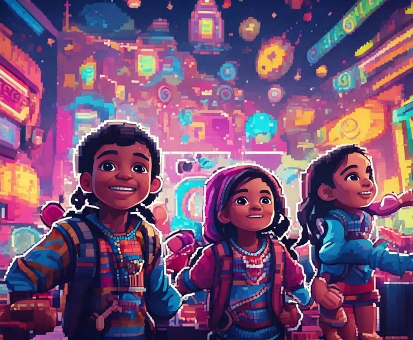 Animated children in colorful pixel-art game world