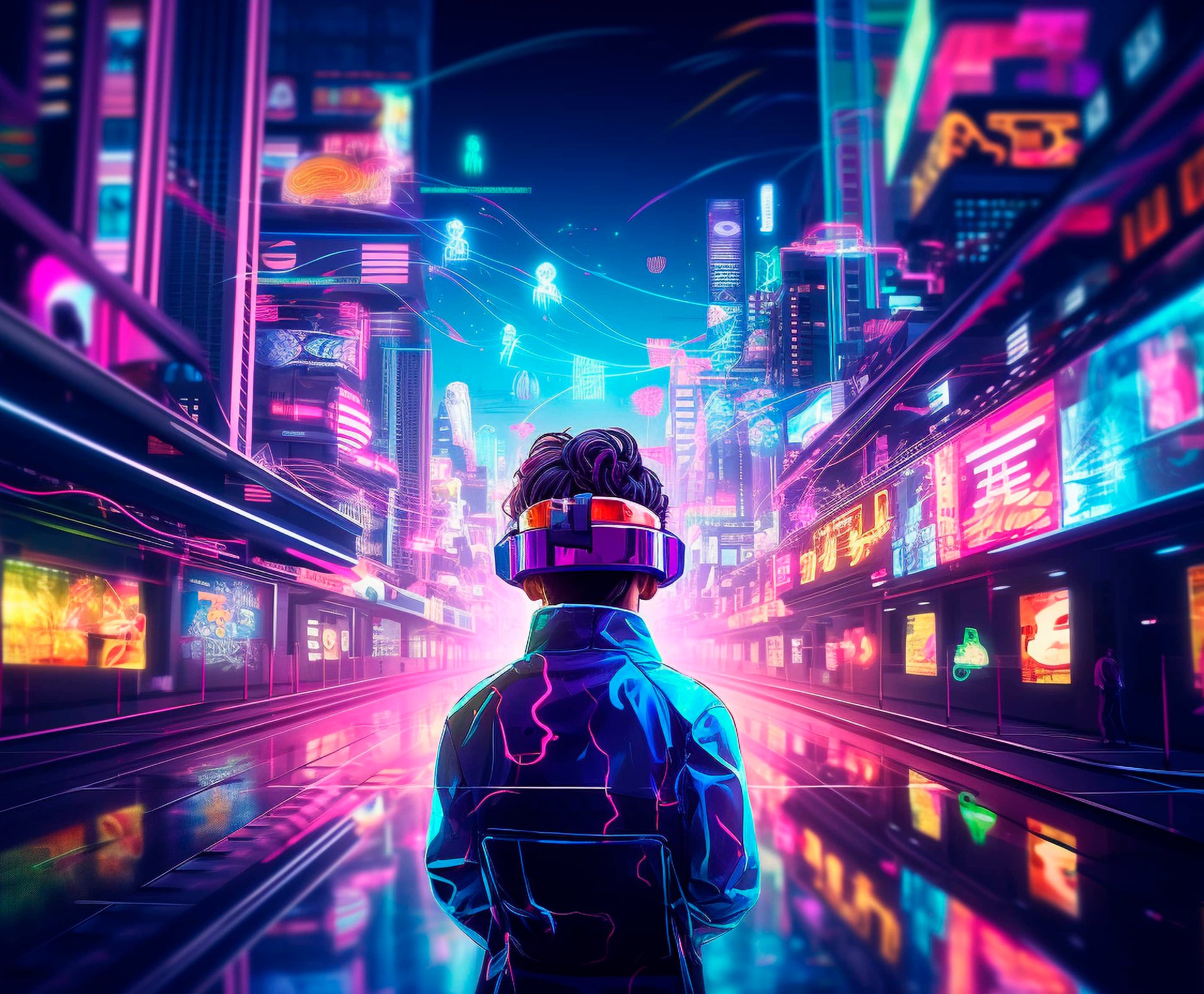 Illustrated figure with VR headset in neon cityscape