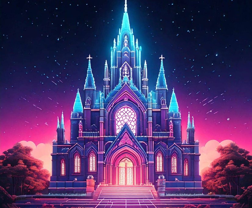 Glowing neon gothic cathedral under starry night sky