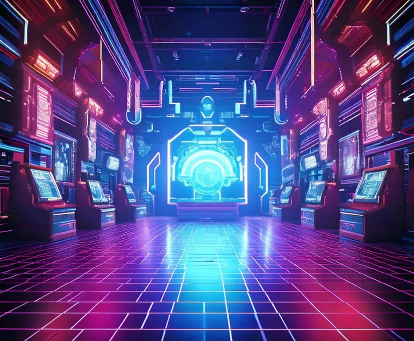 Futuristic neon-lit arcade hallway with glowing portal