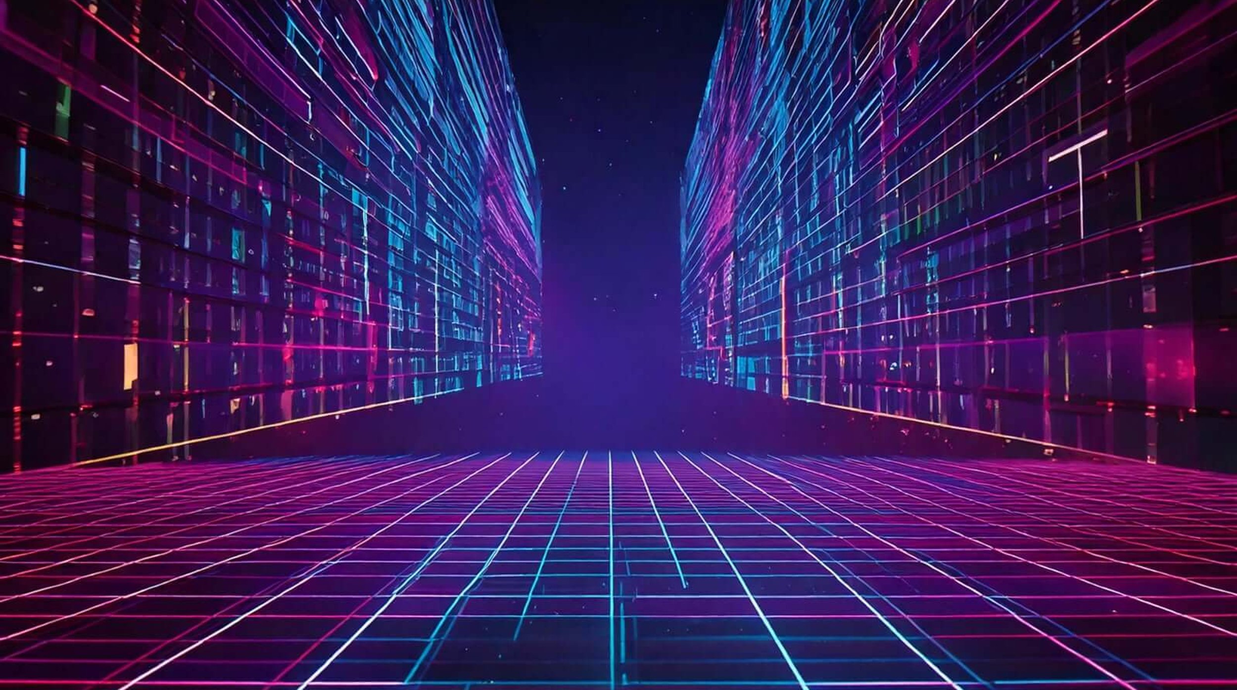 Retro neon grid corridor with glowing purple buildings